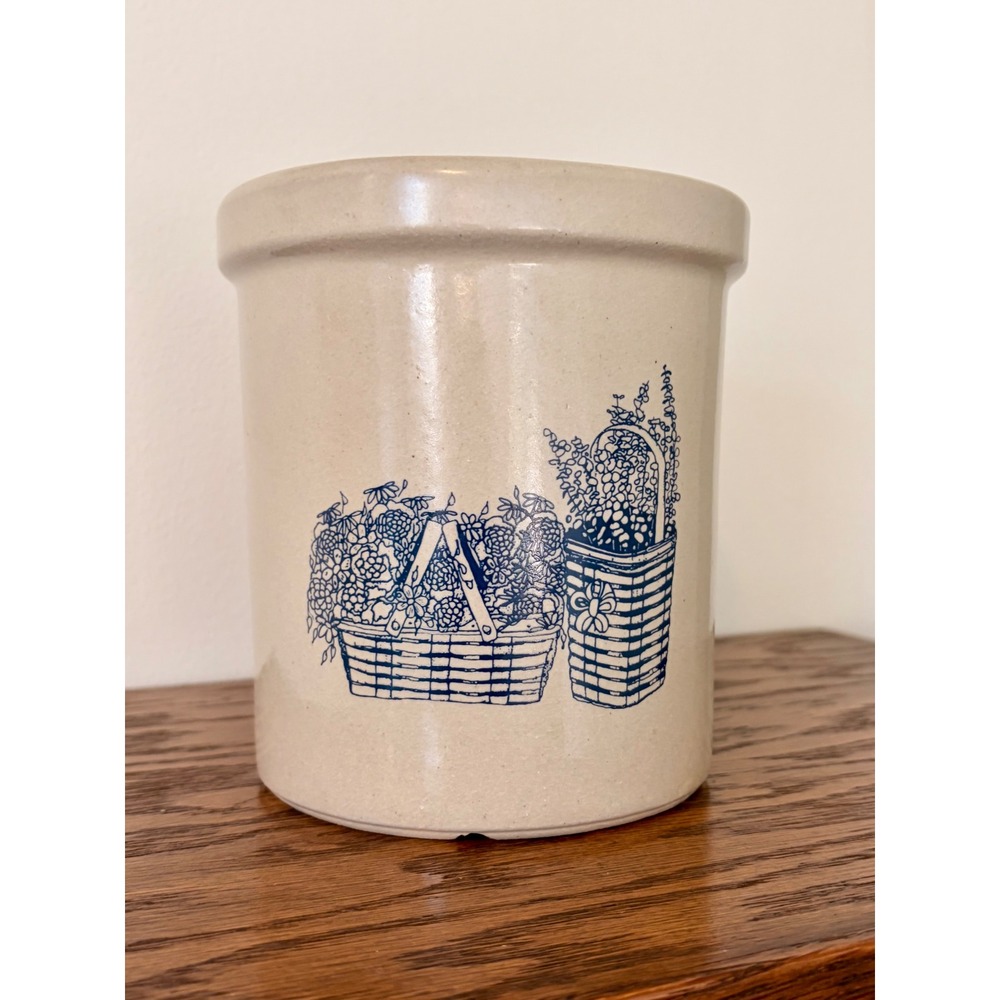 Vintage RRP Co Roseville Ohio Stoneware Crock Blue Flower Basket